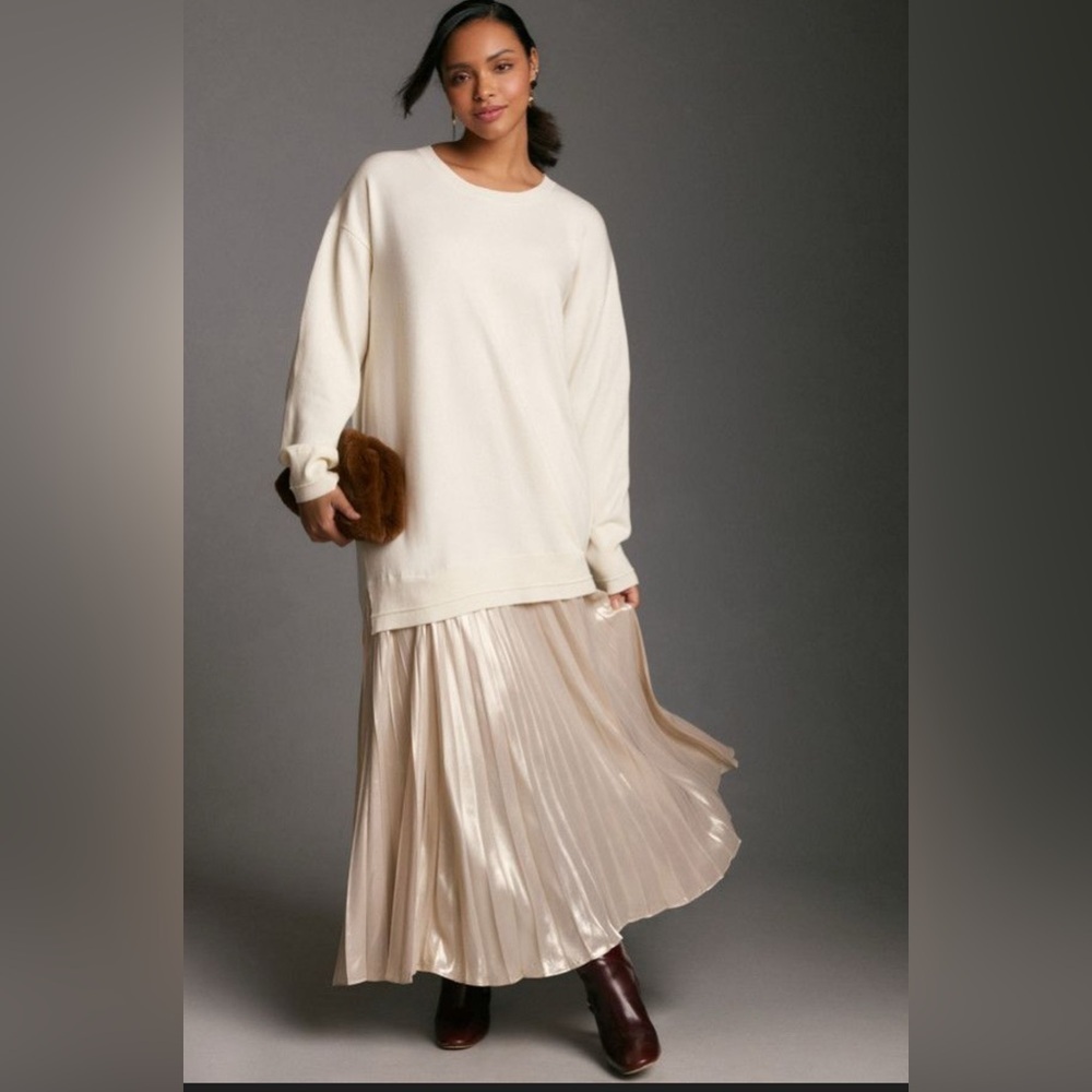 Anthropologie Ivory Long-Sleeve Pleated Twofer Sweater Maxi Dress size L Preppy - Picture 2 of 15